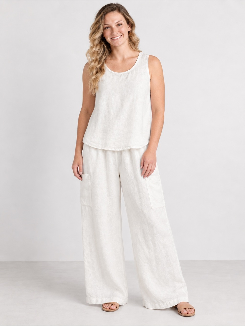 FLAX White 100% Linen Tank Wide Leg Pants 2 Piece Set L